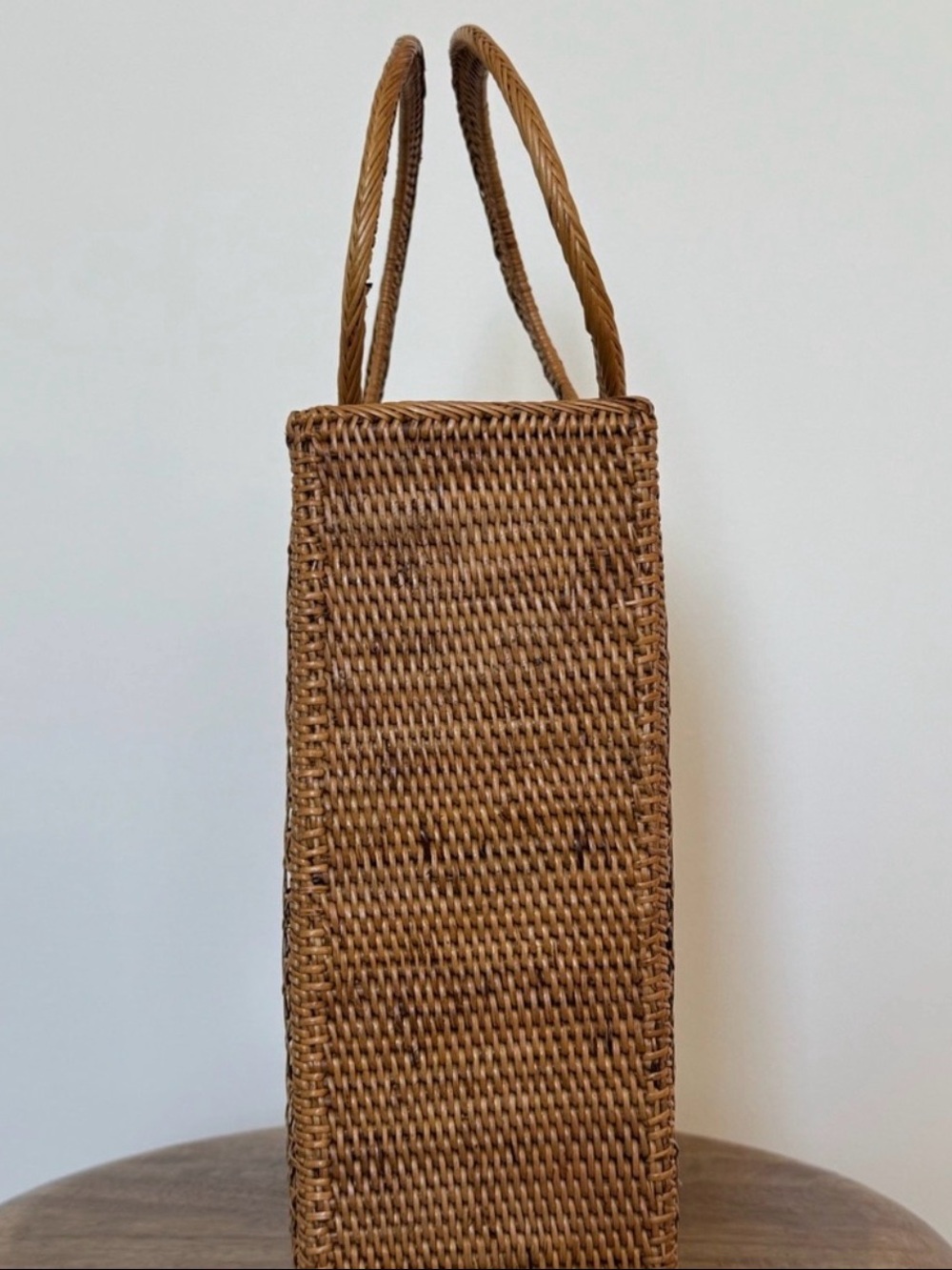 Anthropologie Bali Woven Rattan Tote Bag Navy Polka Dot Lining NWOT Straw - Picture 6 of 6
